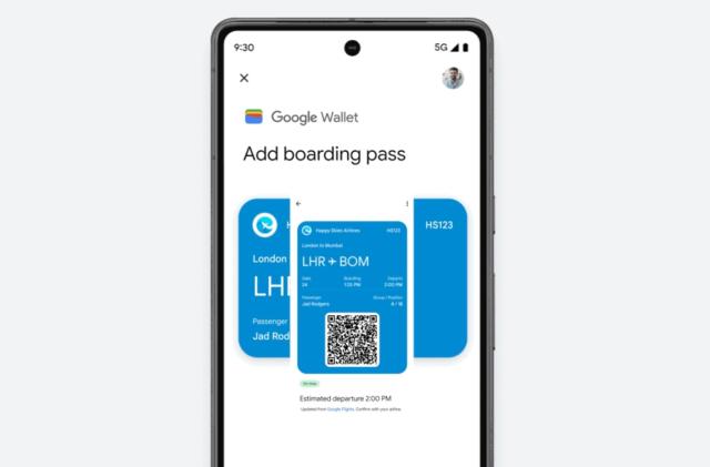 A rendering of a phone with a boarding pass displayed in the Google Wallet