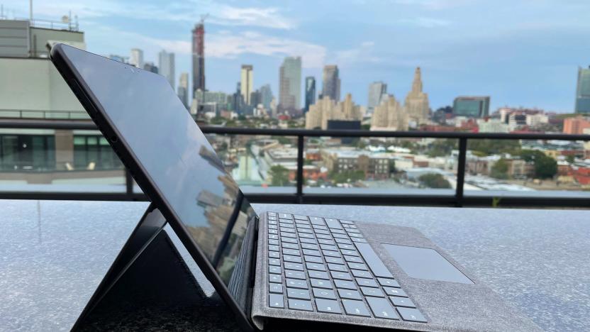 The Microsoft Surface Pro 8, photographed on a roof deck with the keyboard folio attached.