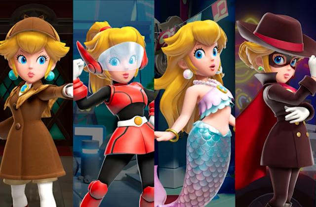 A promotional image showing Peach in various professional outfits. 