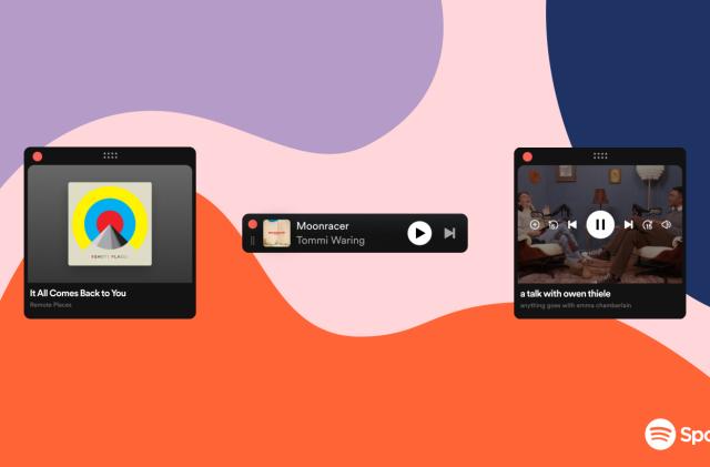Promotional image for the Spotify Desktop Miniplayer. Three sizes of the floating window are visible in front of a groovy colorful background in Spotify's marketing art style.
