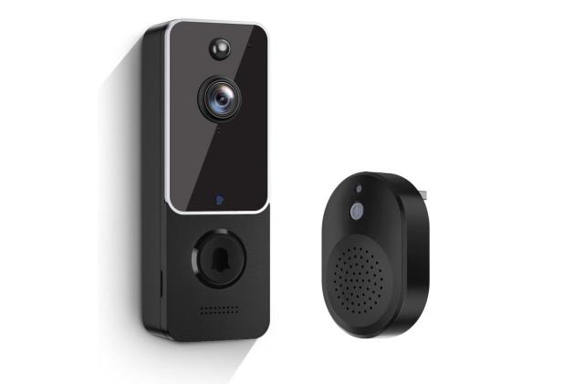 A video doorbell and its receiver against a white background.