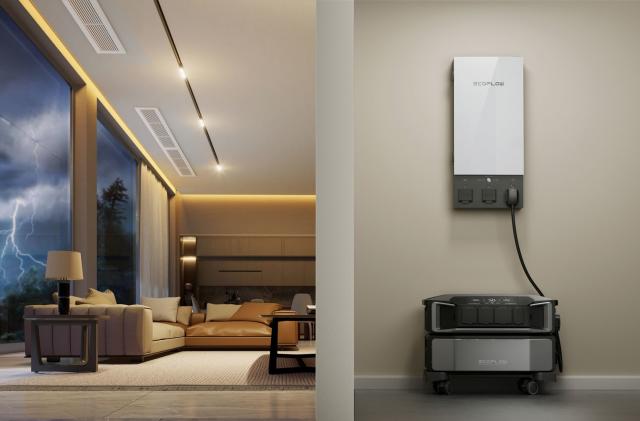 Lifestyle image of the Delta Pro Ultra on the floor of a posh house, with a wire leading up to the Smart Home Panel 2, indicating that the home is able to use battery backup. To the left, a window highlighting a lightning storm.