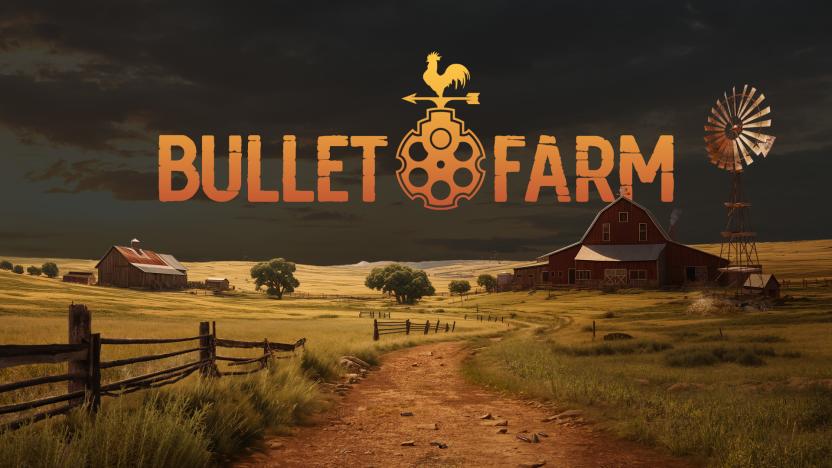 Image of a farm with dark clouds above with text reading "Bullet Farm."