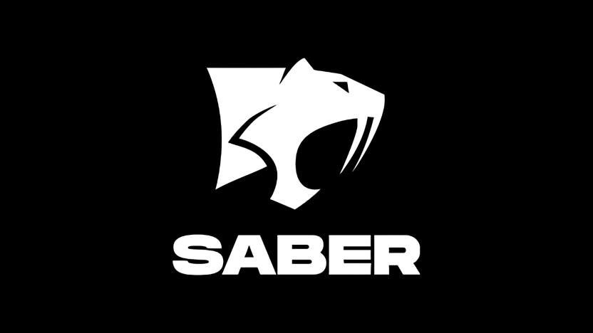Logo for game studio Saber Interactive. A white sillhouette of a saber-toothed tiger sits above the text "SABER." Black background.