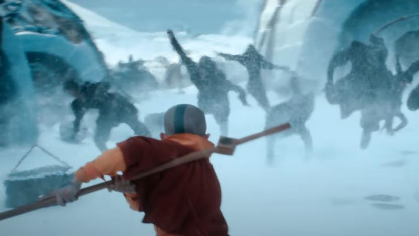 A still from the trailer showing Aang from behind facing off against soldiers.