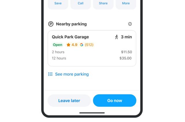 Screenshot of a new Waze app feature showing parking garage info. The screen shows "Nearby parking," with "Quick Park Garage" and its pricing listed. Options include "Leave later" or "Go now."