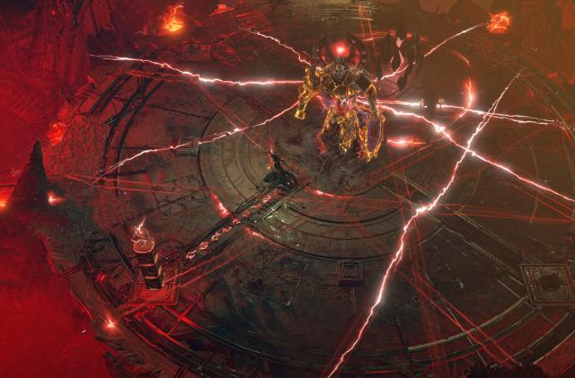 A glowing creature stands in the middle of a large disc-shaped platform with electricity crackling all around. A red hazy pit surrounds the platform.