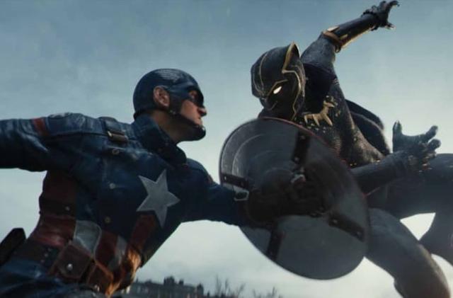 Captain America uses his shield to block an attacking Black Panther.