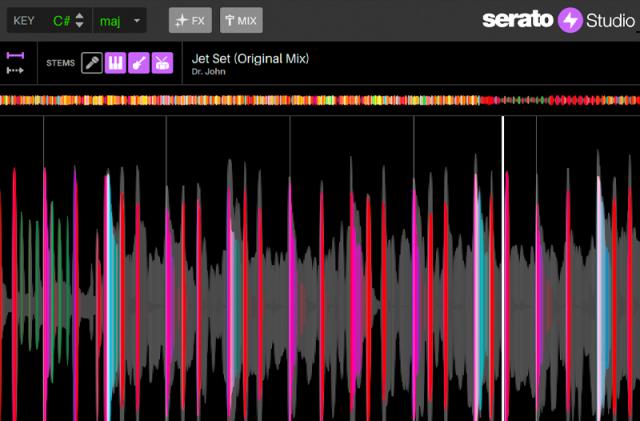 A screenshot of the Serato Studio 2.0 sampler with an audio track highlighted and showing vocal and bassline stems turned off.
