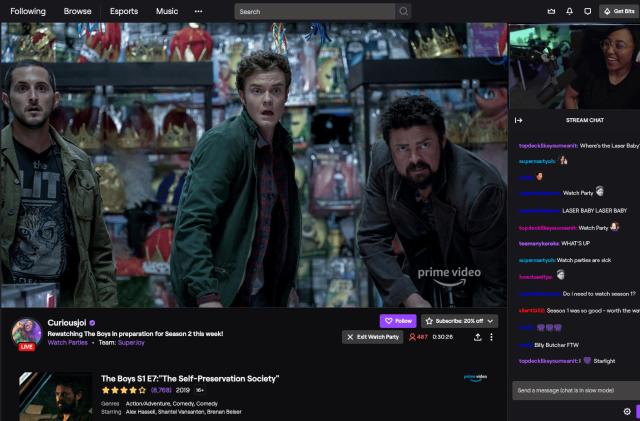 A screen capture of a Prime Video show being broadcast in a Twitch chatroom. 