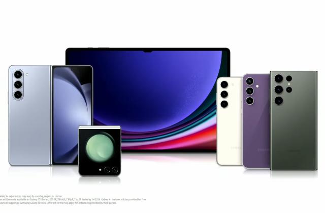 Samsung's new Galaxy AI features are being ported over to last year's flagship devices which includes the S23, S23 FE, Tab S9, Z Fold 5 and Z Flip 5, all shown here against a white background.