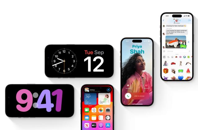 Apple montage of iOS 17, including five phones with various features on their screen