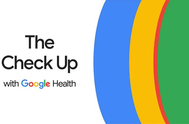 Splash screen logo for Google's "The Check Up" health-related event. The text "The Check Up with Google Health" sits to the left of concentric circles in blue, yellow, red and green hues.