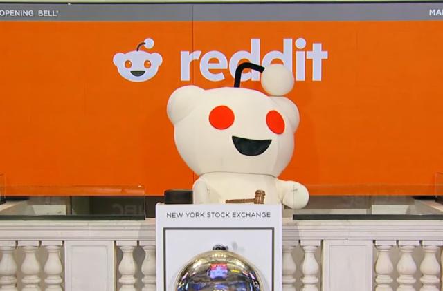 Reddit mascot Snoo rings the opening bell at the New York Stock Exchange.