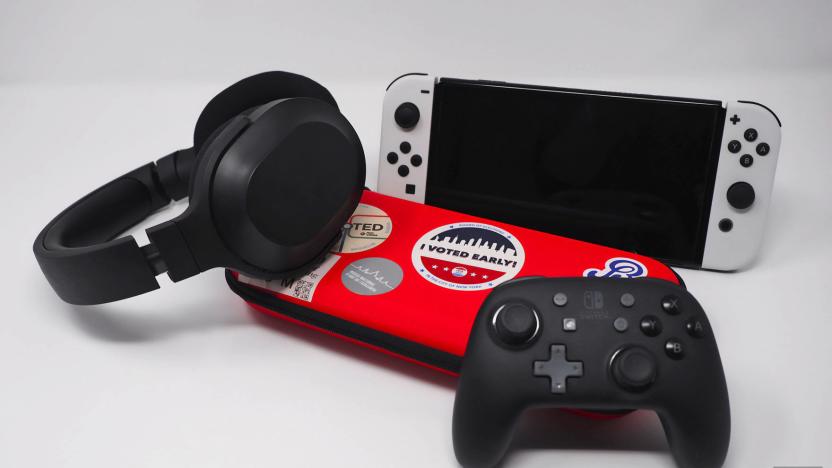 A selection of Nintendo Switch OLED accessories gathered against a white background.