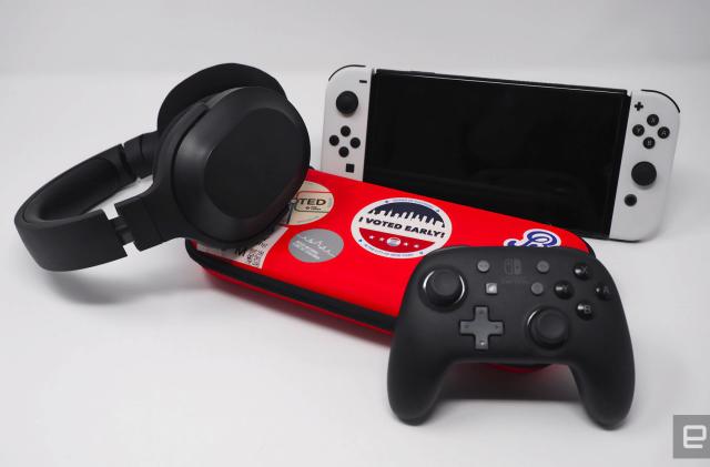 A selection of Nintendo Switch OLED accessories gathered against a white background.