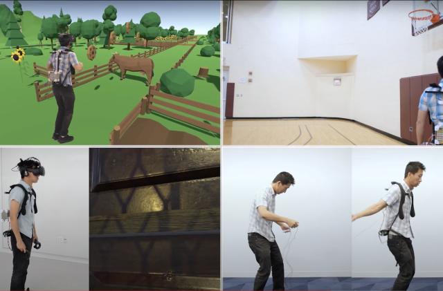 four squares of screencaps from various application demos for the devices -- VR, basketball, other vr, jump rope instruction
