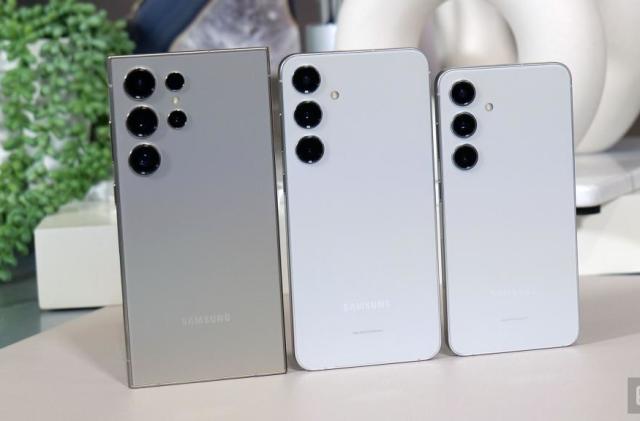 Photo of Samsung’s three 2024 Galaxy S24 handsets lined up. Left to right: Galaxy S24 Ultra, Galaxy S24 Plus, Galaxy S24.