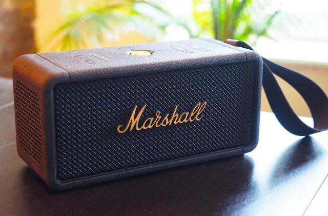 The Marshall Middleton speaker with its classic logo'd front grille and soft touch black exterior.