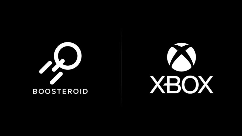 Marketing graphic with white logos of Boosteroid (left) and Xbox (right). Black background.