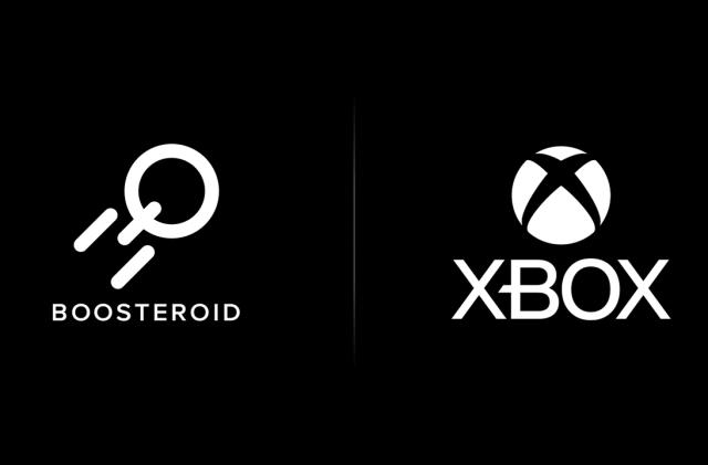 Marketing graphic with white logos of Boosteroid (left) and Xbox (right). Black background.