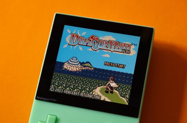 An Analogue Pocket gaming handheld displaying the Dragonyhm title screen.