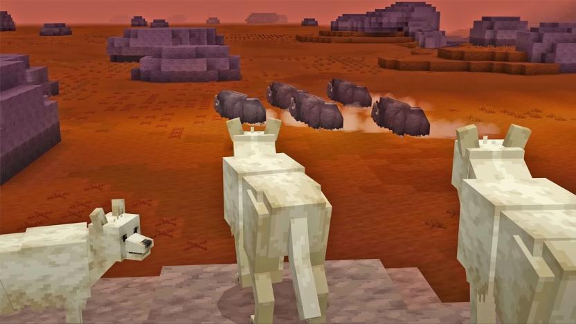 A screenshoot from the Minecraft - Planet Earth III DLC, showing boxy wolves on a cliff's edge watching boxy buffalo run in the distance.