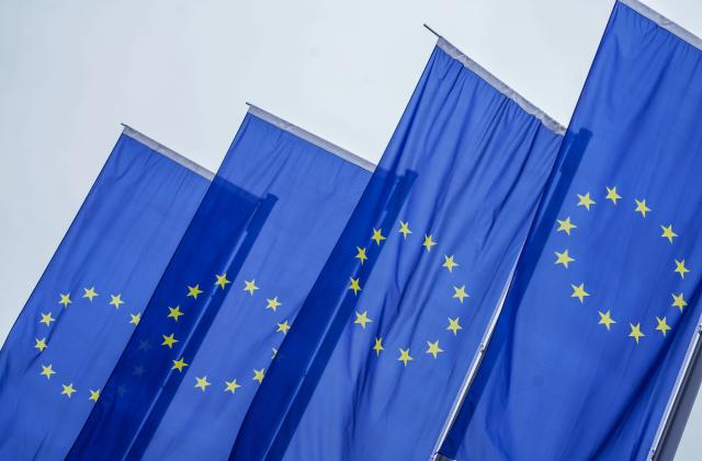 Flags of the European Union (EU) in Frankfurt, Germany. Photographer: Andreas Arnold/Bloomberg