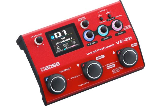 The BOSS VE-22 Vocal Performer pedal in red with three major buttons and several smaller ones next to a tiny display.