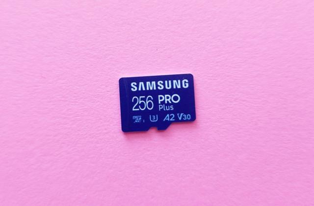 A blue Samsung Pro Plus 256GB microSD card rests against a pink background.