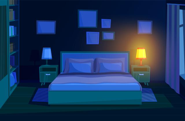 Bedroom at night. Evening bed, room interior with moon light. Dark out window, modern cartoon empty home at sleep time recent vector illustration. Illustration bed interior furniture, night room