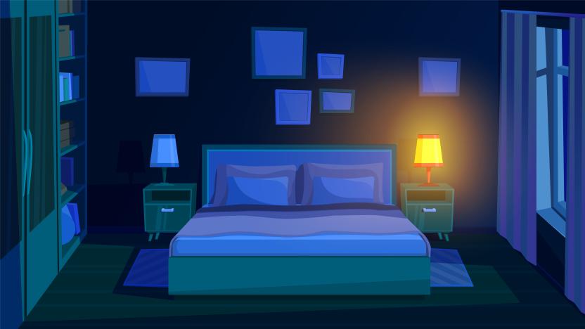 Bedroom at night. Evening bed, room interior with moon light. Dark out window, modern cartoon empty home at sleep time recent vector illustration. Illustration bed interior furniture, night room