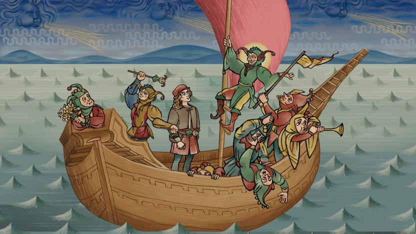 Several characters sail on a ship in Pentiment.