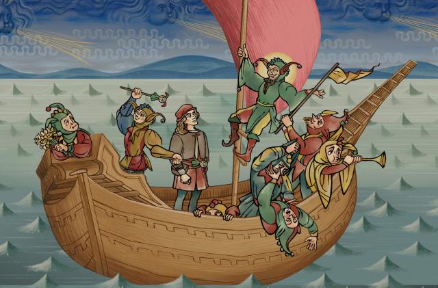 Several characters sail on a ship in Pentiment.