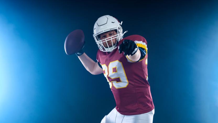 American football player in action. Template for a sports magazine on the theme of American football with copy space. Mockup for betting advertisement.