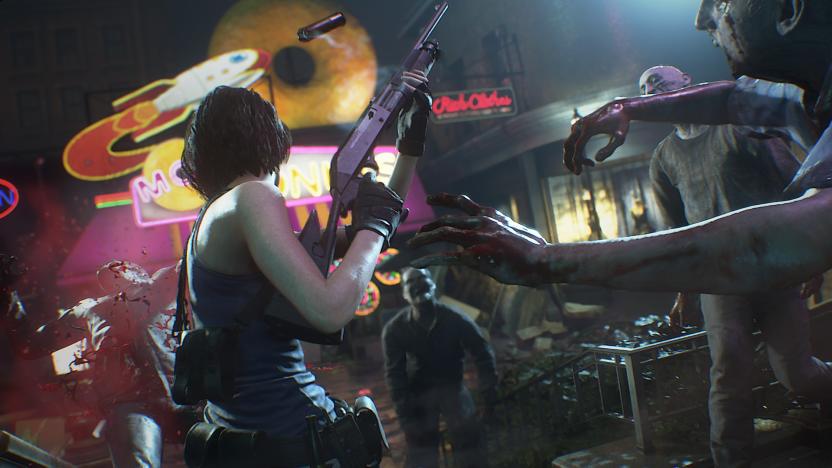 Still from the Resident Evil 3 remake. Protagonist Jill Valentine holds a rifle as she’s swarmed by hoards of zombies. Neon signs in the background.