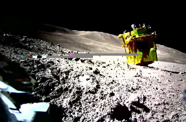 Japan's SLIM lunar lander shown upside down on the Moon's surface.