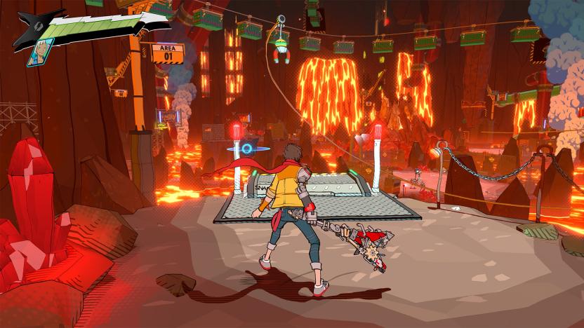 A illustrated human figure is shown from behind, holding a guitar in one hand as they look out at a lava-filled landscape in Hi-Fi Rush.