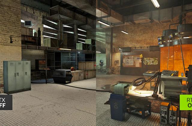 A 'Half-Life 2 RTX' comparison screenshot showing two qualities of resolution and rendering of a large warehouse-style office space.