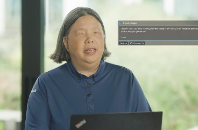 A screenshot from a Microsoft video about its Copilot AI feature's accessibility support. The screenshot shows a person with a vision-related disability and an overlaid screenshot of a "Draft with Copilot" tool.