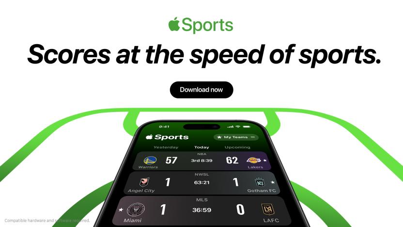 Promotional image for Apple Sports in which an iPhone hovers over a green outline of a sports field, with the caption "Scores at the speed of sports."