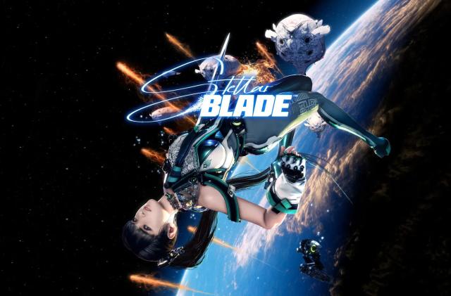 Marketing image for the game Stellar Blade, coming in April 2024. A woman does a backflip in space with the title in front of her.