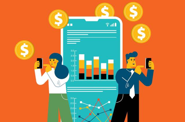 An illustration of a smartphone and two people against an orange background meant to convey the idea of a budgeting app