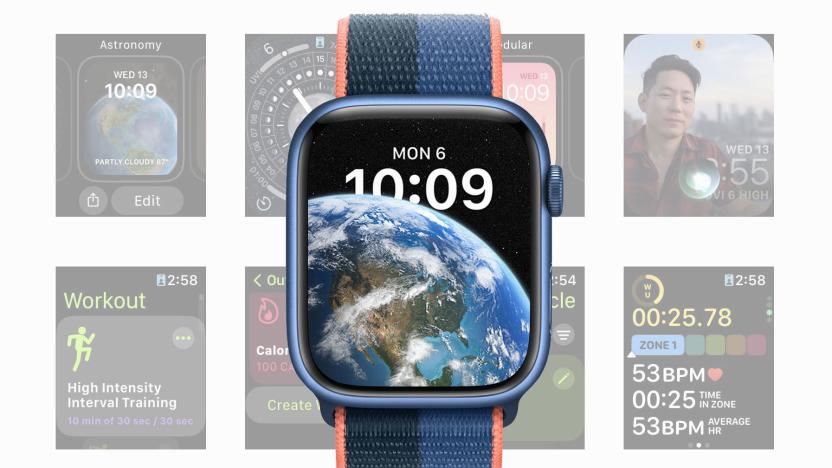 A composite of pictures and screenshots showing an Apple Watch with the Astronomy face hovering on top of eight screenshots showcasing new watchOS features.