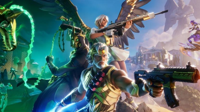 Greek gods Artemis, Zeus and Hades are depicted holding firearms and a chain-like weapon in Fortnite. The background is split between The Underworld and Mount Olympus.