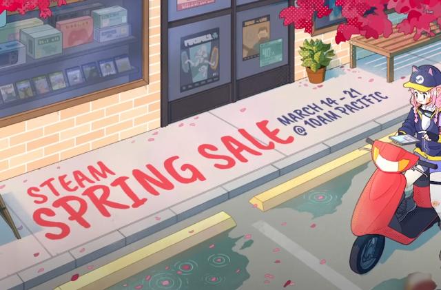 An anime-style illustration showing a young girl on a moped with a cot on the rear outside a store. Text reads "Steam Spring sale. March 14 to 21 at 10AM Pacific."