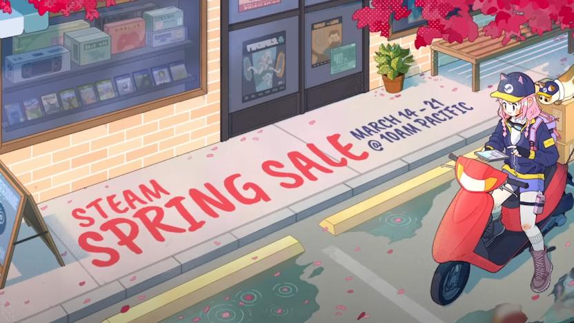 An anime-style illustration showing a young girl on a moped with a cot on the rear outside a store. Text reads "Steam Spring sale. March 14 to 21 at 10AM Pacific."