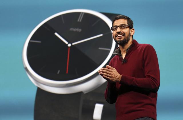 Sundar Pichai, Google's senior vice president of Android, Chrome and Apps, speaks during his keynote address at the Google I/O developers conference in San Francisco June 25, 2014.  REUTERS/Elijah Nouvelage   (UNITED STATES - Tags: BUSINESS SCIENCE TECHNOLOGY)