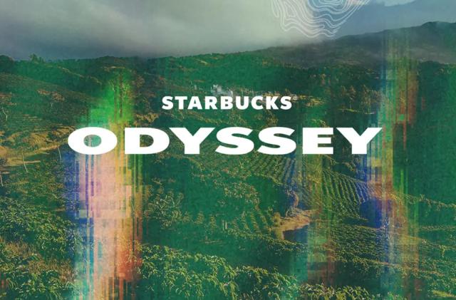 Starbucks Odyssey written over an image of a mountainous landscape with prismatic colors overlaid