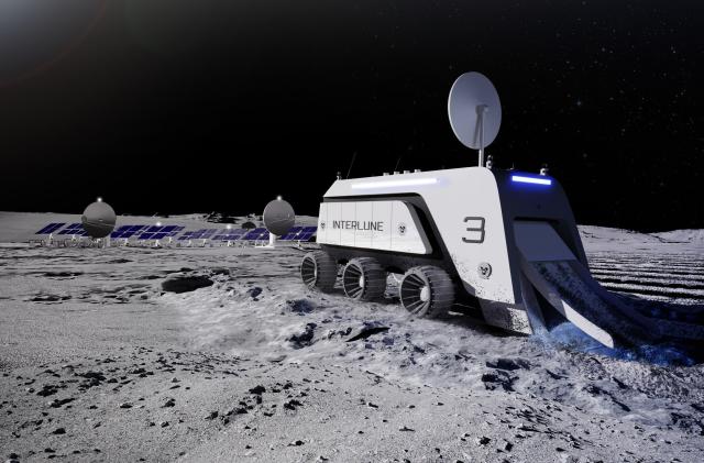 A rendering of Interlune's harvester on the lunar surface collecting regolith 